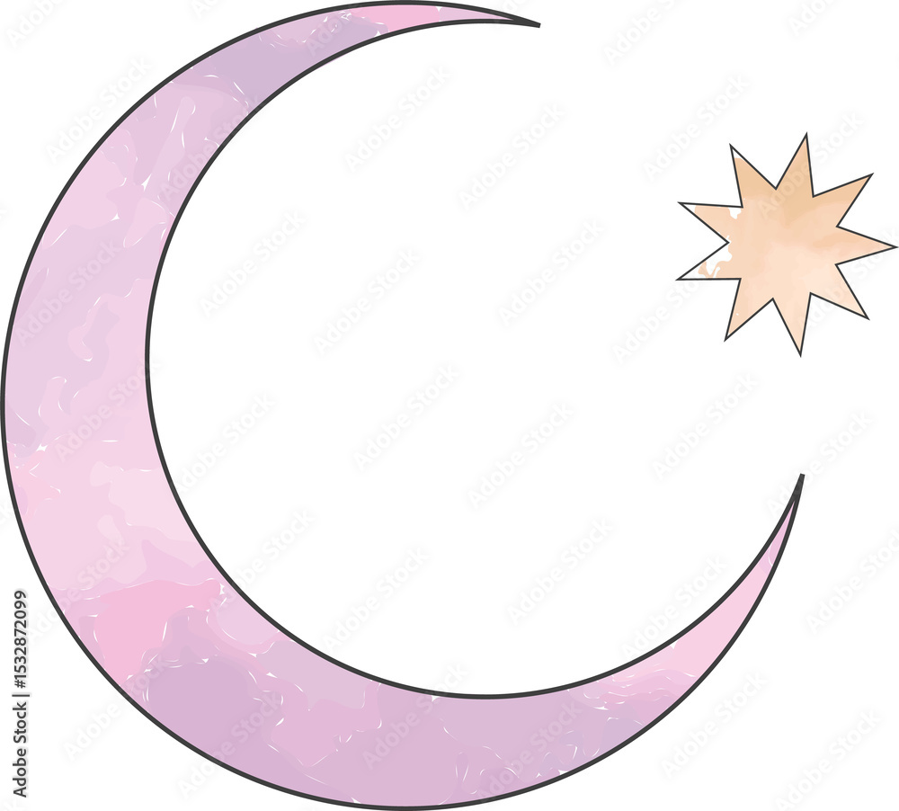 Poster pastel gradient crescent moon is floating on transparent backdrop, showing peach eight-pointed star