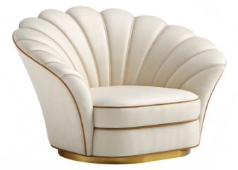 A luxurious cream colored armchair with a gold base and a fan shaped back design in a studio setting
