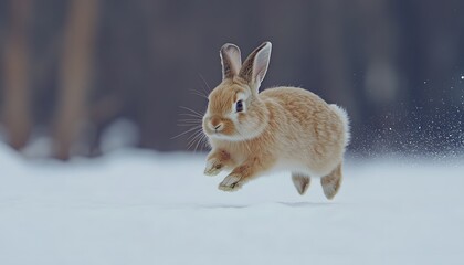 Obraz premium Adorable bunny leaping through a snowy landscape.