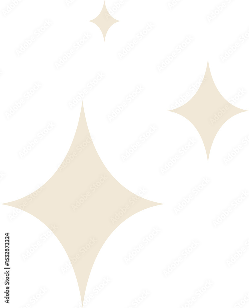 Poster three four-pointed sparkle icons are shining over transparent background in flat design style