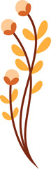 Flat plant graphic showing three brown stems with yellow leaves and buds on transparent background