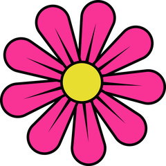 Stylized flower is radiating flat pink petals around yellow center on transparent background