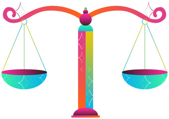 Fototapeta premium Showing gradient balance scale with beam and hanging pans, sparkly stars on transparent background