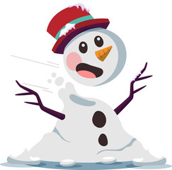 Vector snowman is collapsing, melting into puddle with top hat, twig arms on transparent background