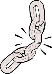 Flat design metal chain breaking apart with accent lines on transparent background, cracked link