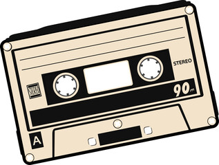 Naklejka premium Showing flat-design cassette with spools, screws, label, stereo, 90m text on transparent background