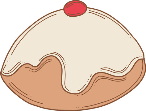 Naklejki Stylized line-art pastry bun is floating on transparent background with white icing and red garnish