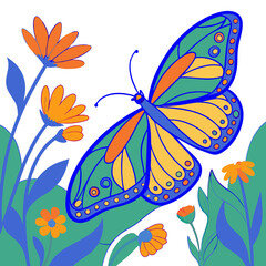Vibrant butterfly flying among colorful flowers in a botanical scene 
