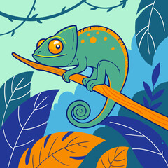 Cartoon chameleon sitting on a branch surrounded by colorful leaves 