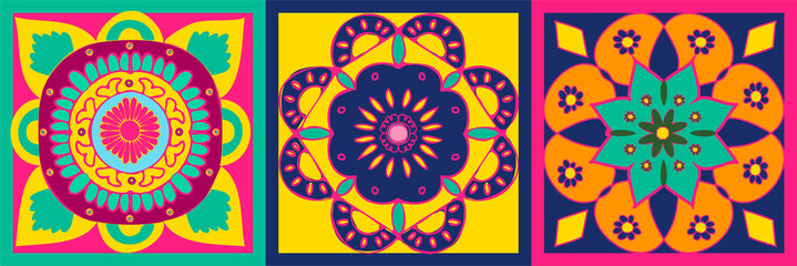 Three-panel flat vector graphic is displaying stylized floral mandalas on transparent background