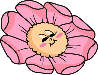 Cartoon style pink blossom is floating on transparent background with closed-eye smile, rosy cheeks