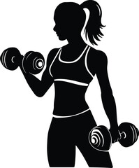 Woman exercise vector silhouette with dumbbell