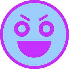 Emoji is showing grin in flat design with purple features on light blue disk transparent background