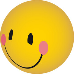 3D yellow emoticon face is floating on transparent background, showing black eyes and pink cheeks