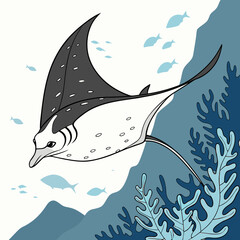 Stylized manta ray gliding over coral reefs in a serene underwater scene 