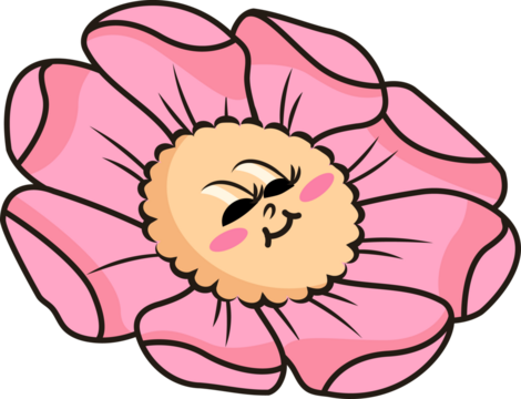 Cartoon style pink blossom is floating on transparent background with closed-eye smile, rosy cheeks