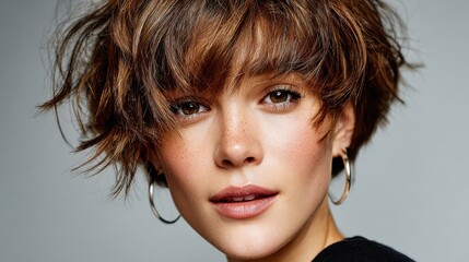 A woman with short tousled hair and hoop earrings exudes confidence and modern style