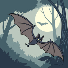Cartoon bat flying against a full moon in a spooky forest 