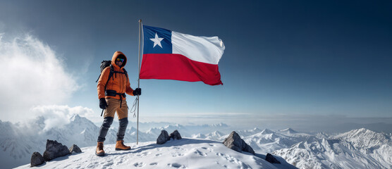 
A mountaineer on top of a snowy mountain holding the Chilean flag waving in the wind