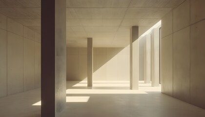 Modern concrete interior with pillars and natural light.