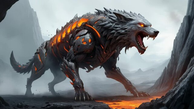 Fierce Mechanical Wolf, Fantasy Creature, Lava Background, Cinematic 3D Animation
