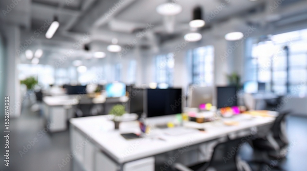 Poster blurred background of office workspace with indistinct elements