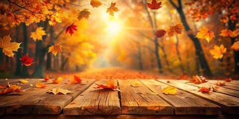Autumn leaves on wooden table on white background