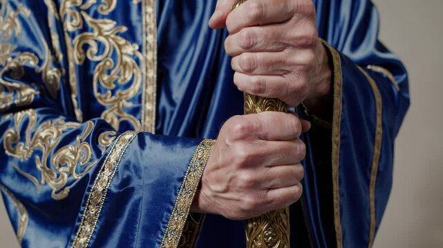 Close up of a priest wearing blue and gold religious garments, holding a golden processional cross with both hands