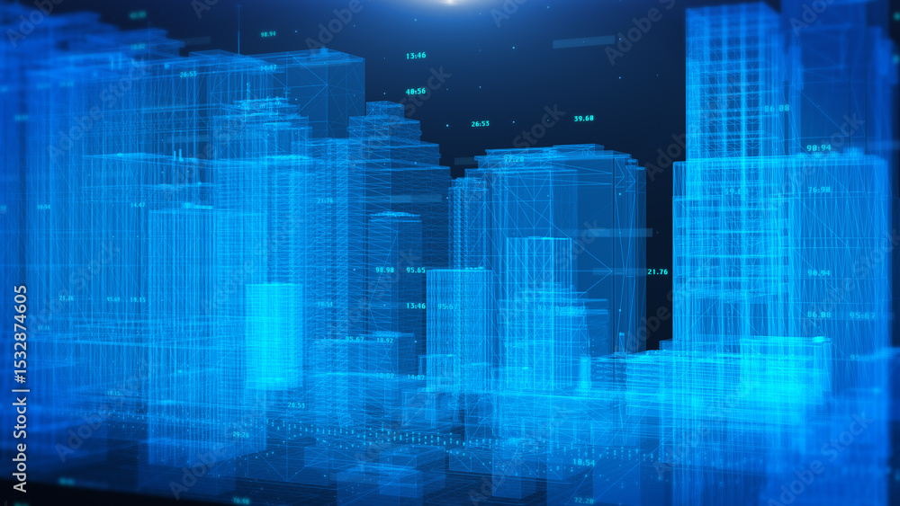 Poster futuristic smart city, skyscraper with hud digital ui system panel. security data network communicat