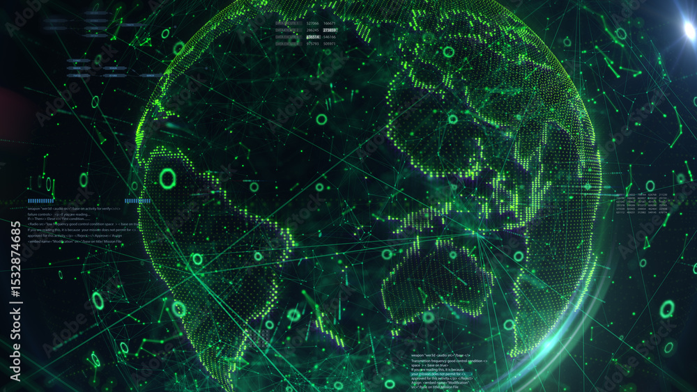 Aufkleber Digital technology globe circular line network connection. Green planet, lens flares with copy space for business, infographic illustration background