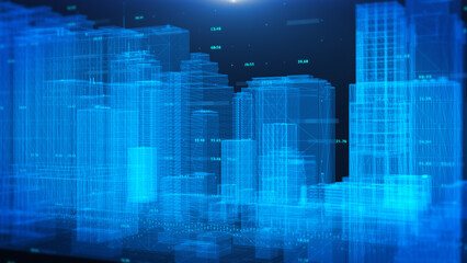Futuristic smart city, skyscraper with hud digital ui system panel. Security data network communication illustration background.