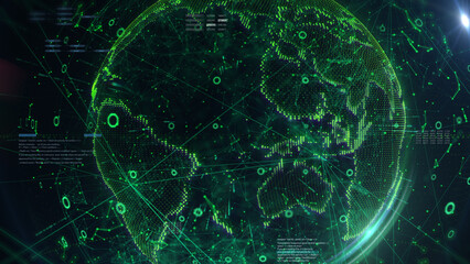 Digital technology globe circular line network connection. Green planet, lens flares with copy space for business, infographic illustration background