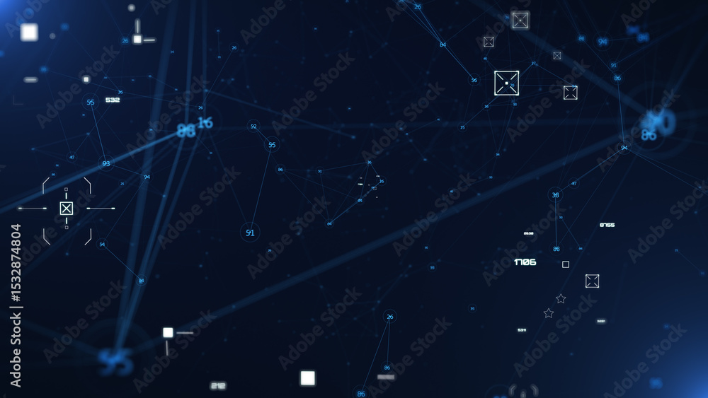 Poster Technology digital cyberspace, data network connection. Futuristic sci-fi with hud ui system interface flying through illustration background
