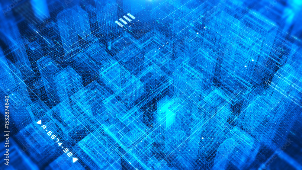 Poster Futuristic smart city, skyscraper top view with hud digital ui system panel. Security data network communication illustration background.