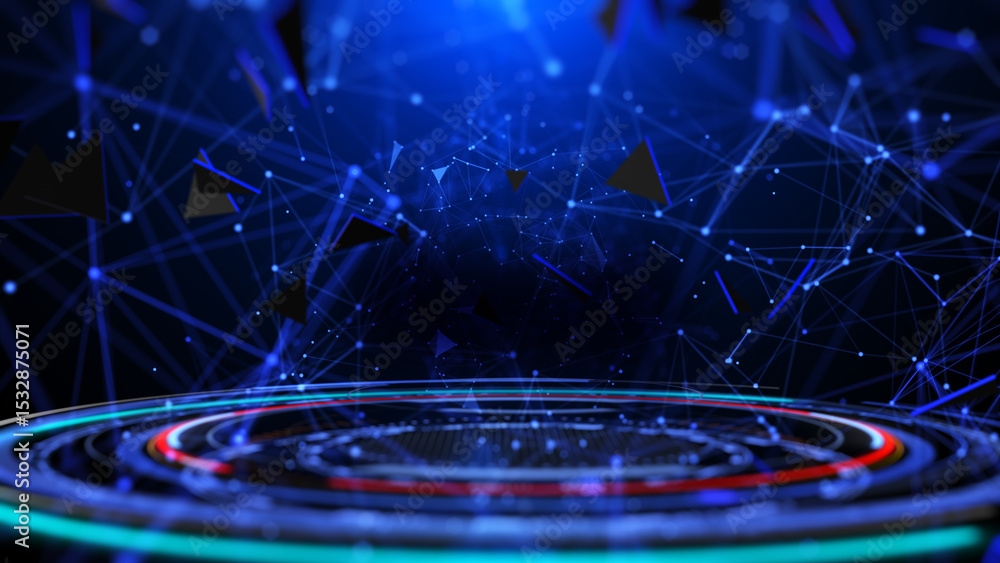 Poster hud hologram circle elements spinning with blue low poly organic wave. technology data system connec
