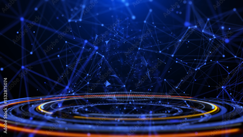 Poster hud hologram circle elements spinning with blue low poly organic wave. technology data system connec
