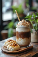 Iced coffee drink in mason jar, topped with whipped cream, and accompanied by pastries