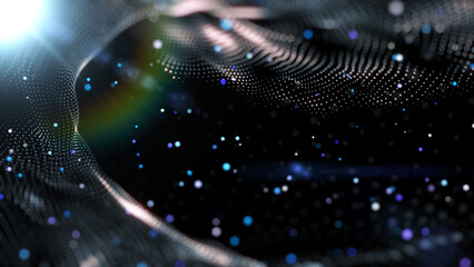 Technology digital futuristic wave and lens flare flowing with colorful particles illustration background