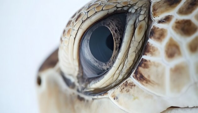 Close-up view of a sea turtle's eye and shell.