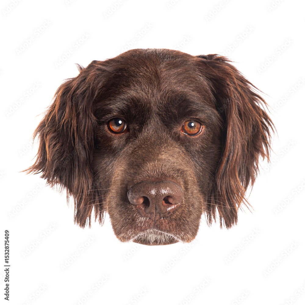 Poster portrait of german longhaired pointer dog looking at camera on white background