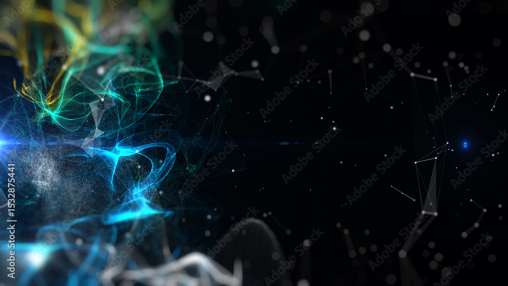 Poster organic glow wave element flowing in dark spark with blue lens flare illustration background