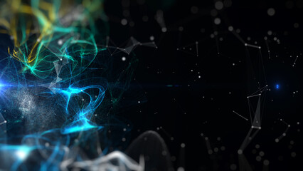 Organic glow wave element flowing in dark spark with blue lens flare illustration background