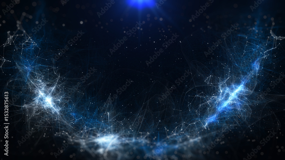 Poster abstract futuristic blue abstract fractal low poly structure with glow cloud, nebula neural network 