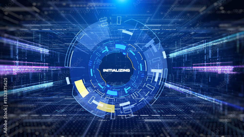 Poster hud hologram circle elements spinning on blue technology tunnel data system connection interface ill