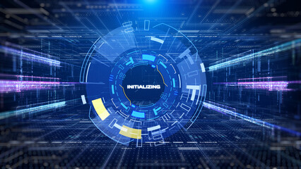HUD hologram circle elements spinning on blue technology tunnel data system connection interface illustration background.