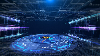 HUD GUI hologram circle rotating with data flowing connection technology system. Futuristic digital network processing information illustration background.