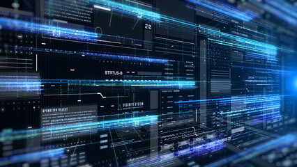 Technology digital grid line hologram big data landscape view concept. HUD UI system hologram, ai construction illustration background