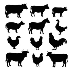 Silhouettes of farm animals including cows and fowl