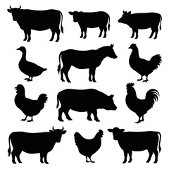 Silhouettes of farm animals including cows and fowl