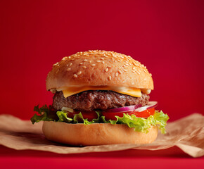 burger on parchment paper, vivid red background, clean detail.
